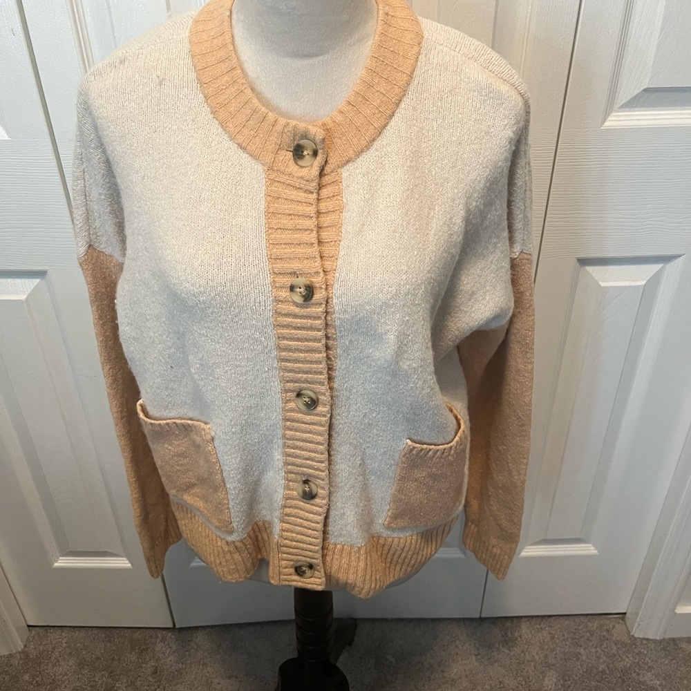 Madewell Size L Cream and Tan Button-Up Cardigan